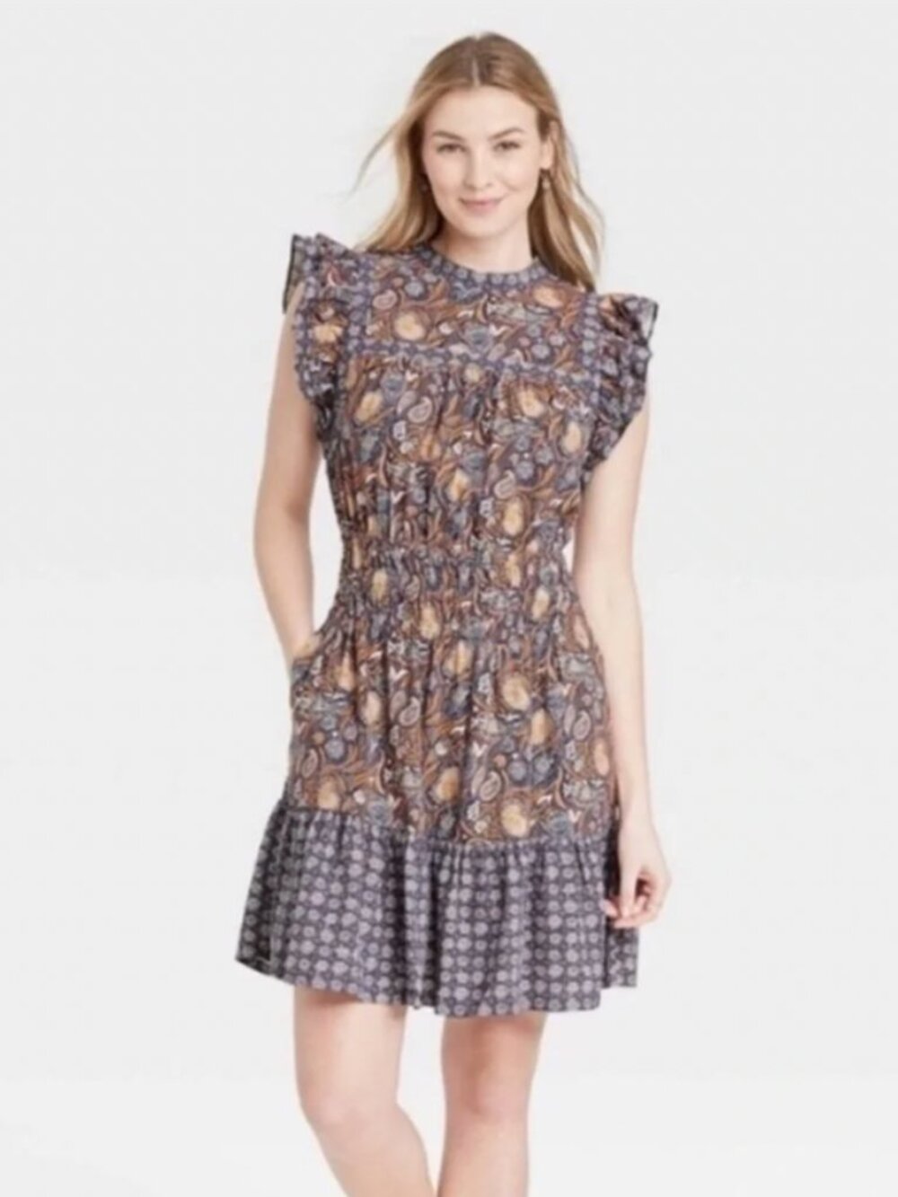 Universal Thread Paisley Mini Dress M Brown Blue Boho Cottagecore Linen Blend